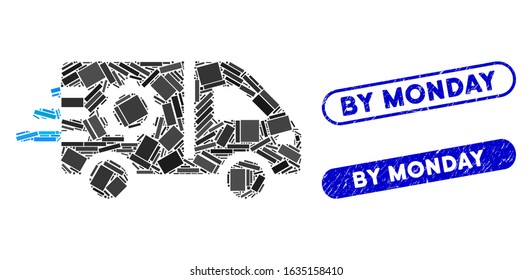 Mosaic service car and grunge stamp seals with By Monday phrase. Mosaic vector service car is composed with randomized rectangles. By Monday stamp seals use blue color, and have round rectangle shape.