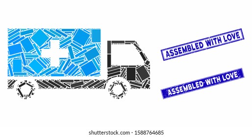 Mosaic service car icon and rectangle stamps. Flat vector service car mosaic icon of random rotated rectangle elements. Blue caption rubber seals with distress textures.