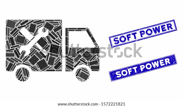 Mosaic service car pictogram and rectangular\
Soft Power seals. Flat vector service car mosaic pictogram of\
scattered rotated rectangular items. Blue Soft Power seal stamps\
with grunge texture.
