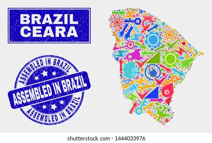Mosaic service Ceara state map and Assembled in Brazil seal stamp. Ceara state map collage made with scattered bright tools, hands, service items.