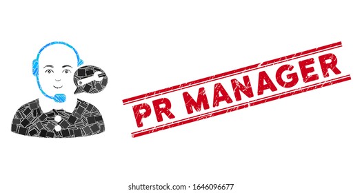 Mosaic service center lady operator pictogram and red Pr Manager stamp between double parallel lines. Flat vector service center lady operator mosaic pictogram of scattered rotated rectangular items.