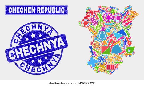 Mosaic service Chechen Republic map and Chechnya seal stamp. Chechen Republic map collage made with scattered colored tools, hands, security symbols.