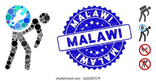 Mosaic service courier icon and rubber stamp seal with Malawi caption. Mosaic vector is designed with service courier icon and with scattered circle elements. Malawi stamp seal uses blue color,