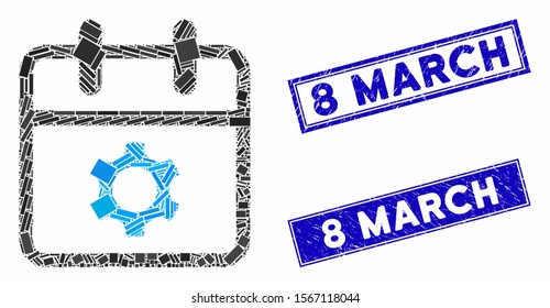 Mosaic service day icon and rectangular watermarks. Flat vector service day mosaic icon of scattered rotated rectangular elements. Blue caption rubber stamps with rubber textures.