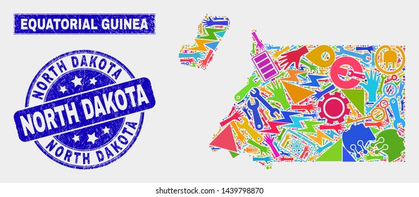 Mosaic service Equatorial Guinea map and North Dakota seal stamp. Equatorial Guinea map collage constructed with random bright tools, palms, industry symbols.