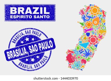 Mosaic service Espirito Santo State map and Brasilia, Sao Paulo seal stamp. Espirito Santo State map collage designed with scattered bright tools, palms, security elements. Blue round Brasilia,