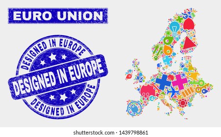 Mosaic service Euro Union map and Designed in Europe stamp. Euro Union map collage composed with random bright tools, hands, industry items.