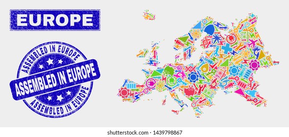 Mosaic service Europe map and Assembled in Europe watermark. Europe map collage made with randomized bright tools, hands, service symbols. Blue rounded Assembled in Europe stamp with distress texture.