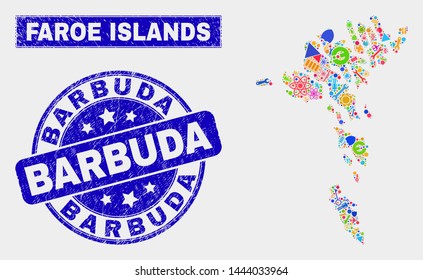 Mosaic service Faroe Islands map and Barbuda seal stamp. Faroe Islands map collage designed with randomized bright equipment, palms, production elements. Blue rounded Barbuda stamp with dirty texture.