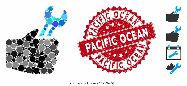 Mosaic service hand icon and corroded stamp seal with Pacific Ocean text. Mosaic vector is created with service hand icon and with random round spots. Pacific Ocean stamp uses red color,