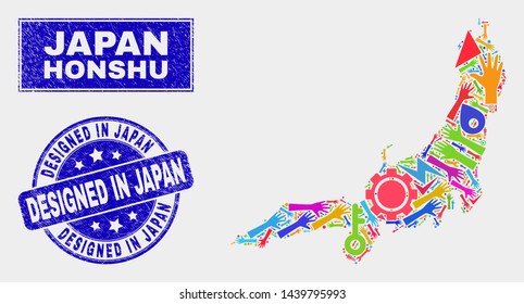 Mosaic service Honshu Island map and Designed in Japan seal. Honshu Island map collage constructed with scattered colored tools, hands, security symbols.