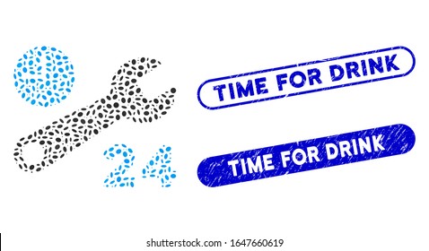 Mosaic service hours and corroded stamp seals with Time for Drink phrase. Mosaic vector service hours is designed with random elliptic pieces.  