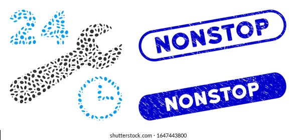 Mosaic service hours and distressed stamp watermarks with Nonstop text. Mosaic vector service hours is formed with scattered ellipse parts. Nonstop stamp seals use blue color,