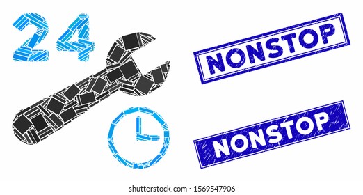 Mosaic service hours pictogram and rectangular rubber prints. Flat vector service hours mosaic pictogram of random rotated rectangle items. Blue caption rubber seals with rubber texture.