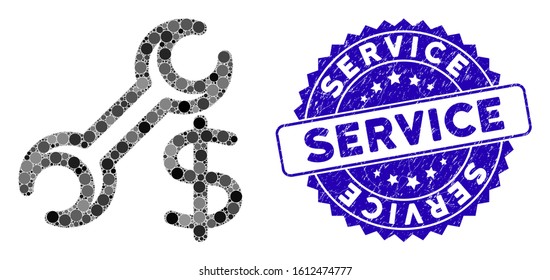 Mosaic service icon and distressed stamp seal with Service text. Mosaic vector is formed with service icon and with random spheric elements. Service seal uses blue color, and scratched texture.