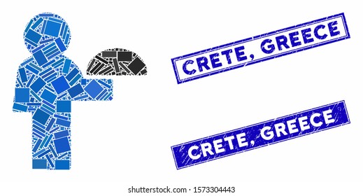 Mosaic service icon and rectangular Crete, Greece stamps. Flat vector service mosaic icon of randomized rotated rectangular elements. Blue Crete, Greece rubber stamps with distress texture.