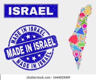 Mosaic service Israel map and Made in Israel seal. Israel map collage constructed with randomized bright equipment, hands, industry icons. Blue round Made in Israel seal with unclean texture.