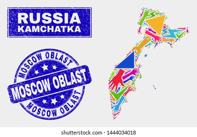 Mosaic service Kamchatka map and Moscow Oblast seal. Kamchatka map collage created with random bright equipment, hands, service elements. Blue rounded Moscow Oblast seal with scratched texture.