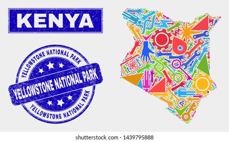 Mosaic service Kenya map and Yellowstone National Park stamp. Kenya map collage constructed with randomized colored tools, palms, industrial icons.
