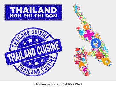 Mosaic service Koh Phi Don map and Thailand Cuisine seal. Koh Phi Don map collage formed with randomized bright tools, hands, production symbols.