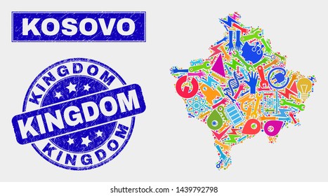 Mosaic service Kosovo map and Kingdom seal stamp. Kosovo map collage made with scattered bright tools, palms, security elements. Blue rounded Kingdom seal stamp with dirty texture.