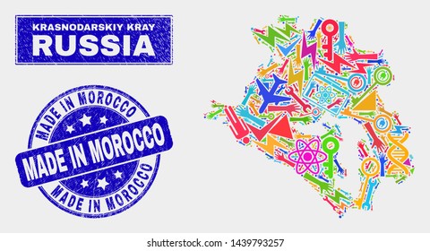 Mosaic service Krasnodarskiy Kray map and Made in Morocco seal stamp. Krasnodarskiy Kray map collage constructed with scattered colorful equipment, hands, industrial items.