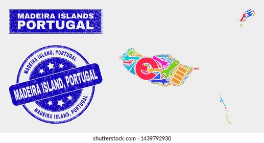 Mosaic service Madeira Islands map and Madeira Island, Portugal watermark. Madeira Islands map collage designed with scattered colored equipment, palms, service items. Blue rounded Madeira Island,