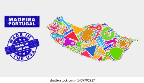 Mosaic service Madeira map and Made in the USA stamp. Madeira map collage designed with random bright equipment, hands, service symbols. Blue round Made in the USA stamp with grunge texture.
