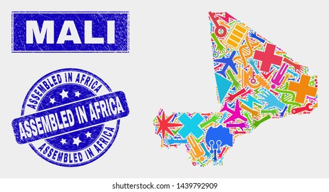 Mosaic service Mali map and Assembled in Africa seal stamp. Mali map collage composed with scattered colored equipment, hands, service elements.