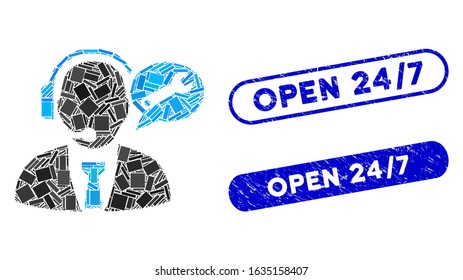 Mosaic service manager message and distressed stamp seals with Open 24/7 caption. Mosaic vector service manager message is formed with scattered rectangle items. Open 24/7 stamp seals use blue color,