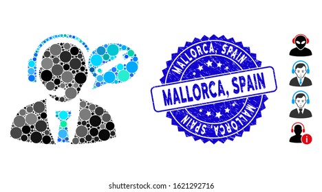 Mosaic service manager message icon and corroded stamp seal with Mallorca, Spain caption. Mosaic vector is composed from service manager message icon and with random spheric elements. Mallorca,