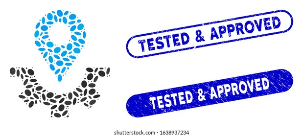 Mosaic service map marker and corroded stamp seals with Tested & Approved caption. Mosaic vector service map marker is composed with scattered oval parts. Tested & Approved stamp seals use blue color,