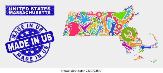 Mosaic service Massachusetts State map and Made in Us seal stamp. Massachusetts State map collage designed with randomized colored tools, palms, production symbols.
