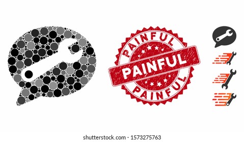 Mosaic service message icon and distressed stamp seal with Painful caption. Mosaic vector is formed with service message icon and with random circle elements. Painful stamp seal uses red color,