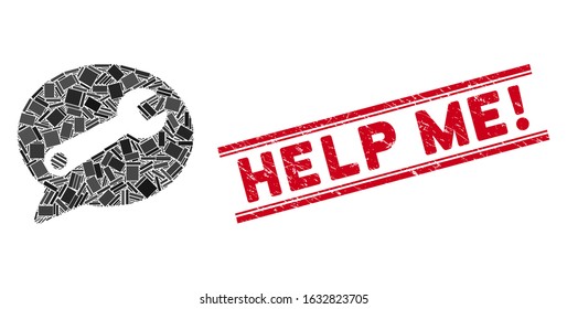 Mosaic service message icon and red Help Me! seal stamp between double parallel lines. Flat vector service message mosaic pictogram of randomized rotated rectangle items.