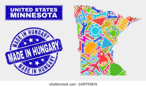 Mosaic service Minnesota State map and Made in Hungary seal stamp. Minnesota State map collage created with scattered colorful equipment, hands, service items.