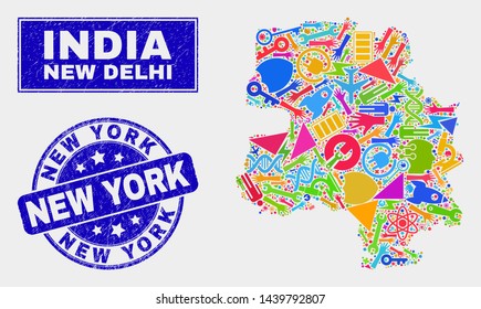 Mosaic service New Delhi City map and New York seal stamp. New Delhi City map collage constructed with randomized bright equipment, hands, industry items.