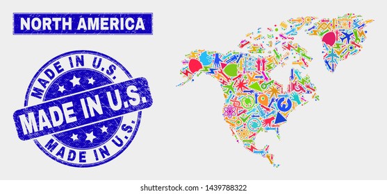 Mosaic service North America map and Made in U.S. seal stamp. North America map collage designed with randomized colored equipment, palms, service items. Blue rounded Made in U.S.