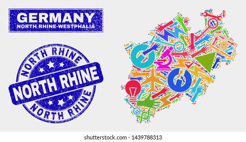 Mosaic service North Rhine-Westphalia Land map and North Rhine seal stamp. North Rhine-Westphalia Land map collage made with randomized colored equipment, hands, production icons.