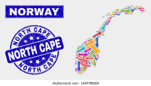 Mosaic service Norway map and North Cape seal. Norway map collage created with scattered colored tools, palms, service symbols. Blue rounded North Cape watermark with distress texture.