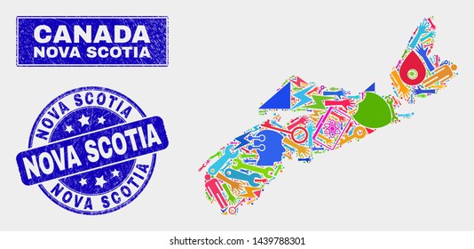 Mosaic service Nova Scotia Province map and Nova Scotia seal stamp. Nova Scotia Province map collage constructed with random bright tools, hands, service icons.
