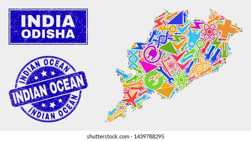 Mosaic service Odisha State map and Indian Ocean seal stamp. Odisha State map collage composed with scattered bright tools, palms, service icons. Blue round Indian Ocean stamp with dirty texture.