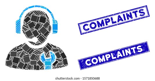 Mosaic service operator icon and rectangle Complaints rubber prints. Flat vector service operator mosaic icon of random rotated rectangle items. Blue Complaints rubber seals with scratched texture.