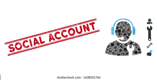 Mosaic service operator pictogram and red Social Account rubber print between double parallel lines. Flat vector service operator mosaic pictogram of randomized rotated rectangular elements.
