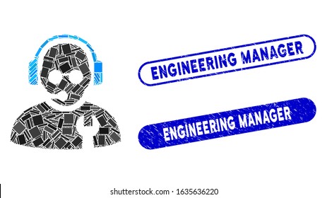 Mosaic service operator and rubber stamp seals with Engineering Manager caption. Mosaic vector service operator is formed with scattered rectangle items. Engineering Manager seals use blue color,