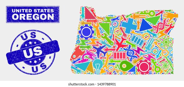 Mosaic service Oregon State map and Us stamp. Oregon State map collage formed with random colorful equipment, palms, security elements. Blue rounded Us seal stamp with dirty texture.