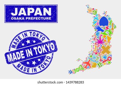 Mosaic service Osaka Prefecture map and Made in Tokyo stamp. Osaka Prefecture map collage constructed with randomized bright tools, palms, service items.