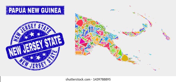 Mosaic service Papua New Guinea map and New Jersey State seal stamp. Papua New Guinea map collage created with random colorful equipment, palms, industrial icons.