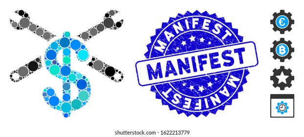 Mosaic service price icon and rubber stamp seal with Manifest phrase. Mosaic vector is composed with service price pictogram and with randomized spheric elements. Manifest stamp seal uses blue color,