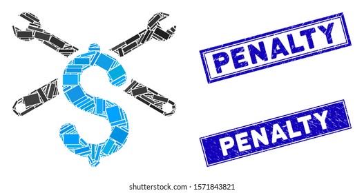 Mosaic service price pictogram and rectangle Penalty rubber prints. Flat vector service price mosaic pictogram of random rotated rectangle elements. Blue Penalty rubber stamps with grunge surface.